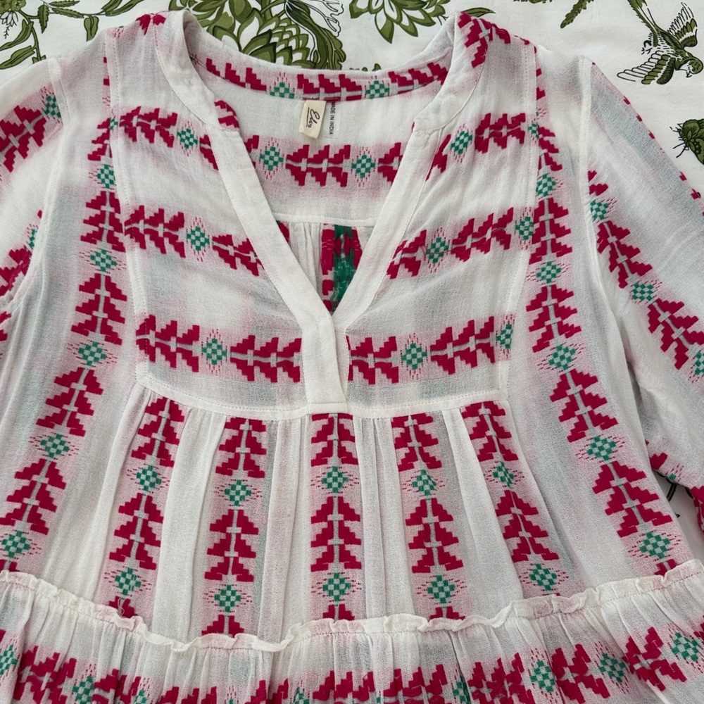 Elan White Dress with Red and Green Embroidery